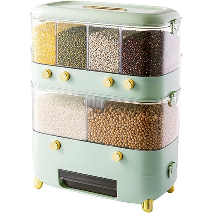 Rice Dispenser with Cup,Wall-Mounted 6 Grid Double Layer Dry Food Dispenser Rice Bucket Grains Storage Container Cereal Dispenser for Home and Kitchen- Multicolor
