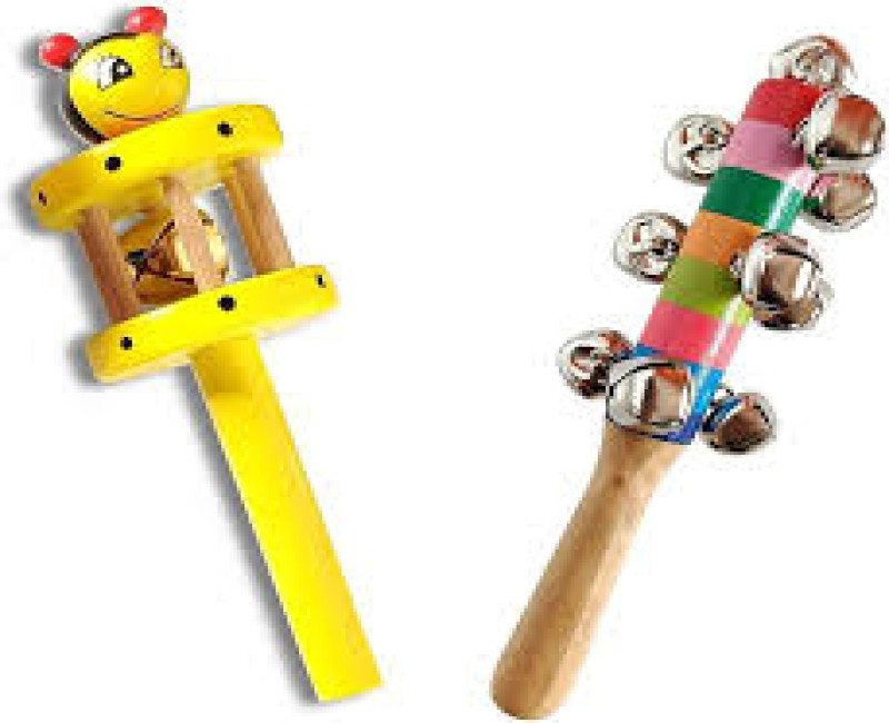 Wooden Non Toxic Colourful Rattle Toys for New Born Baby, Musical Infant Toy, Teether for Babies, Toddler (Cartoon Bell Pack of 2)
