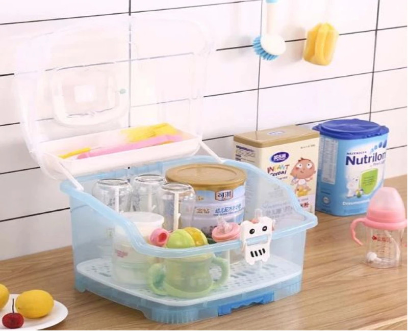 Baby Bottle Drying Rack Storage Box & Anti-dust Cover, Blue