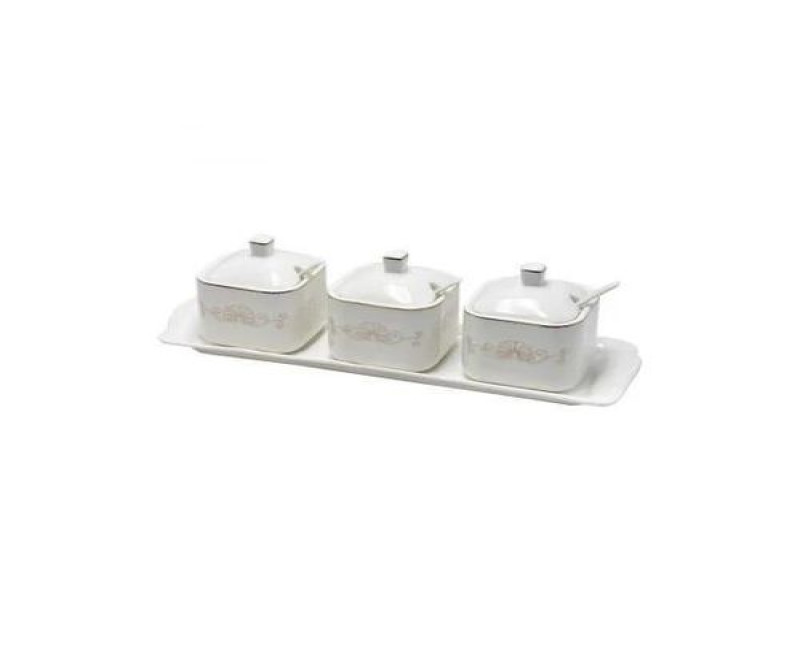 3 pcs Ceramics Condiment Jar, 10OZ Sugar Bowl Porcelain Spice Pots with Ceramic spoon and Tray, Seasoning Pepper Box for Salt, Spices, Canisters- White