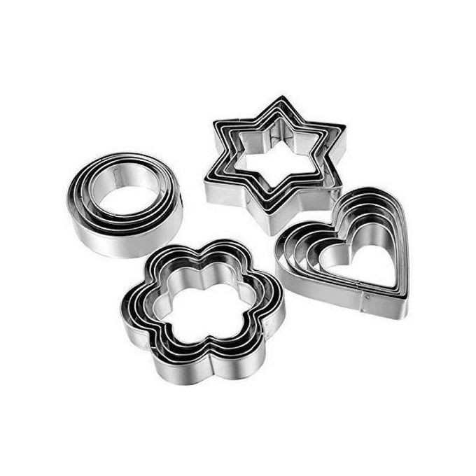 12 Piece, 4 Shape Stainless Steel Cookie Cutters - Silver.
