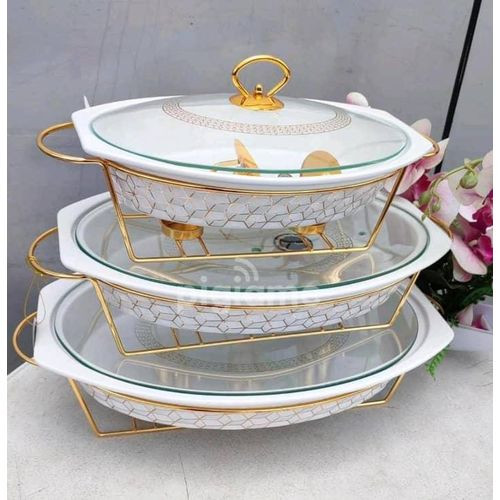 3 Pieces Set Of Elegant Ceramic Serveware With Burners At The Bottom For Warming Food And Glass Lids Good For Serving Food At Dinner Tables-Multicolours