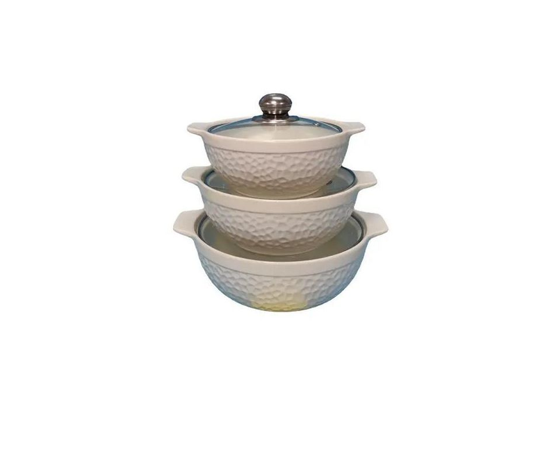 3 Pieces Ceramic Dinner Serving Bowls With Glass Lids Designs May Vary-White
