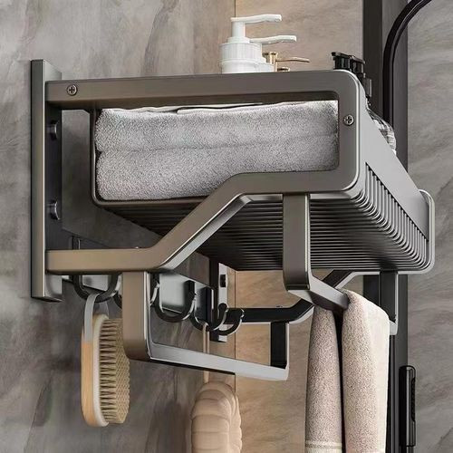 Black Towel Rack Wall Mounted No Drill and Screw Mounting with Foldable Storage Shelf, Bathroom Bath Shower Length 24 inch Double Towel Rod with Shelf Hotel Towel Rack