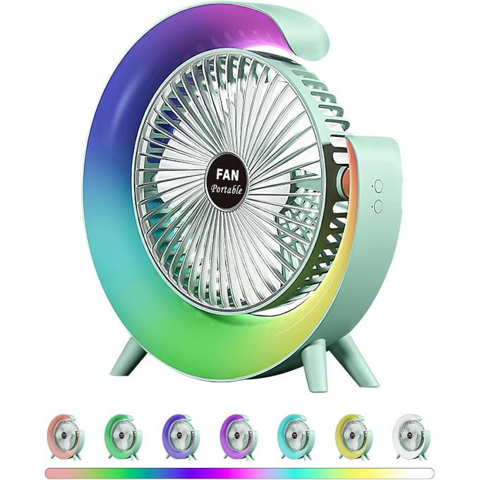 Desk Fan - USB Desk Fan Silent Powerful, Desk Fans with LED Light, 3 Speeds Quiet Cooling & 180° Rotation, 4000 mAh Battery Rechargeable Colorful Desktop Fan for Bedroom Home Office, Green