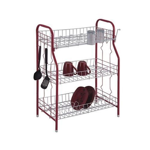 3 Tier Stainless Steel Dish Drainer Storage Rack, Red