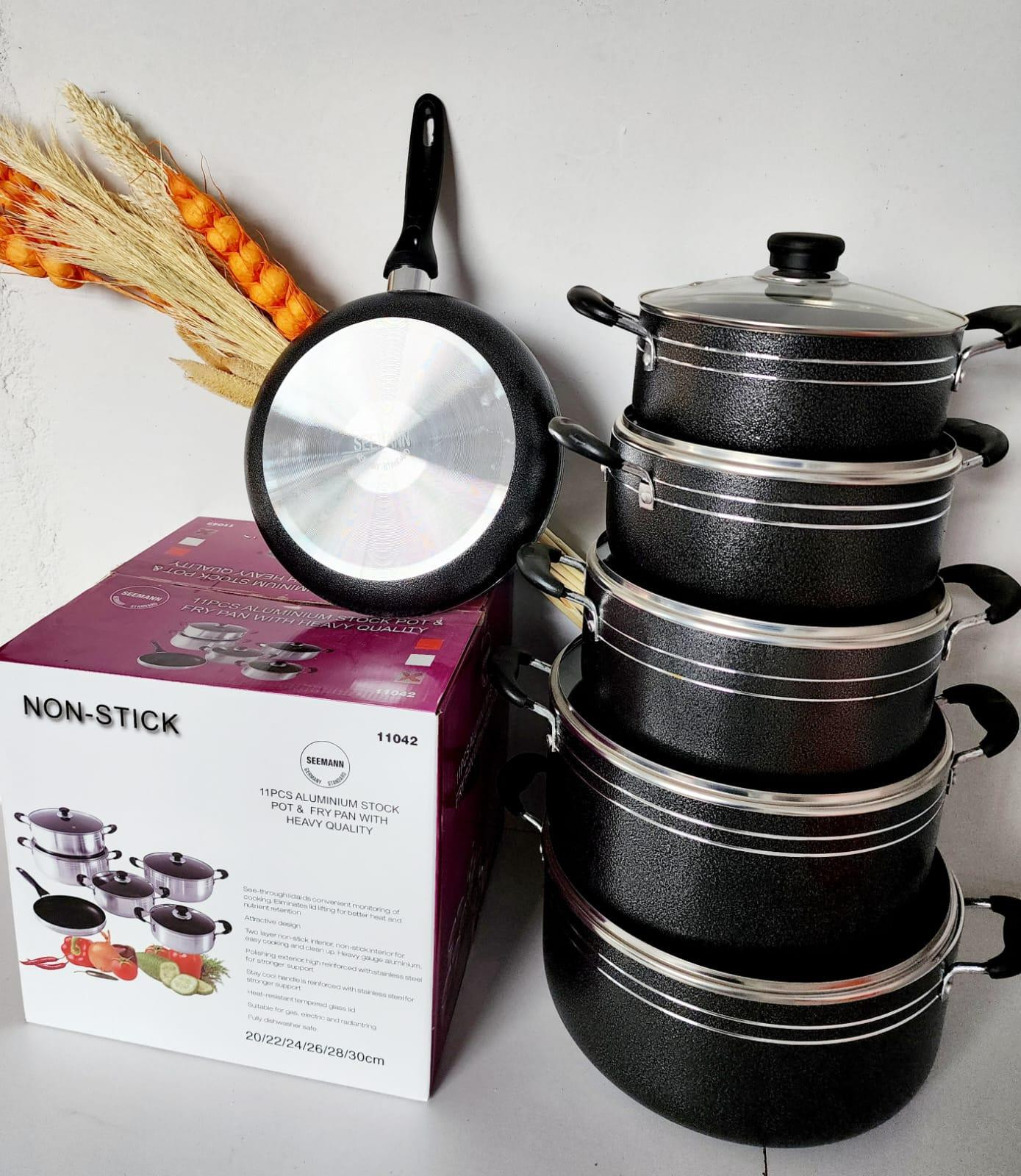 Seemann 11pcs Aluminium Nonstick stock cooking pots and fry pan with heavy quality cookware set - Black