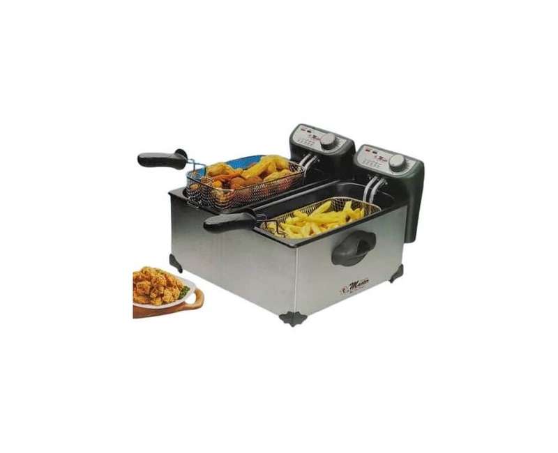 Deep Fryer 2 x 3 Litre Stainless Steel Double Fryer with Oil 2000 Watt Removable Oil Container Adjustable Temperature -Silver Electro Master