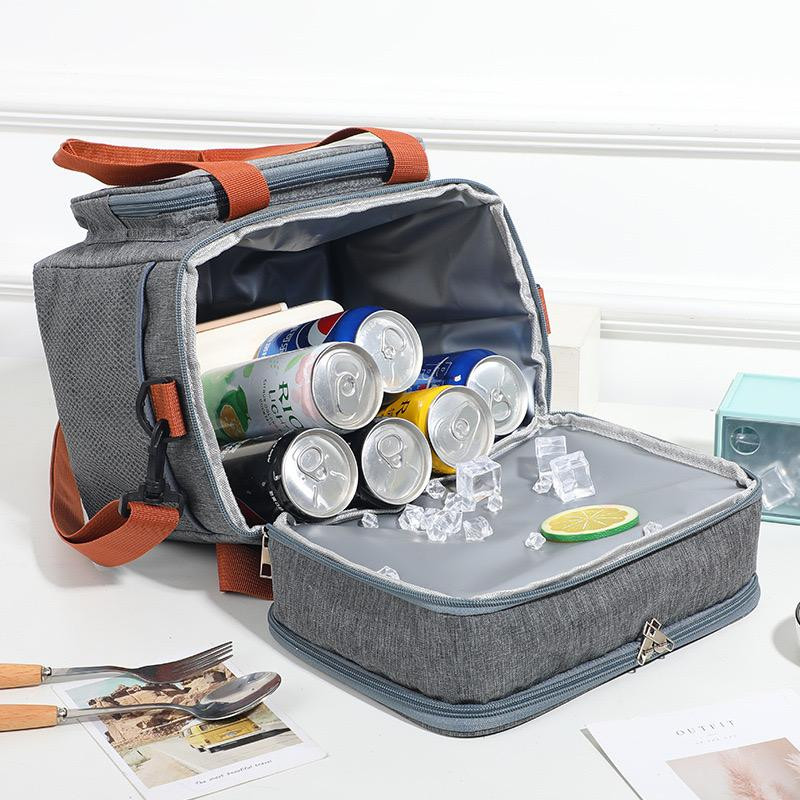 Double Layer Thermal Lunch Bag Picnic Lunch Box - Grey/Blue/Black
