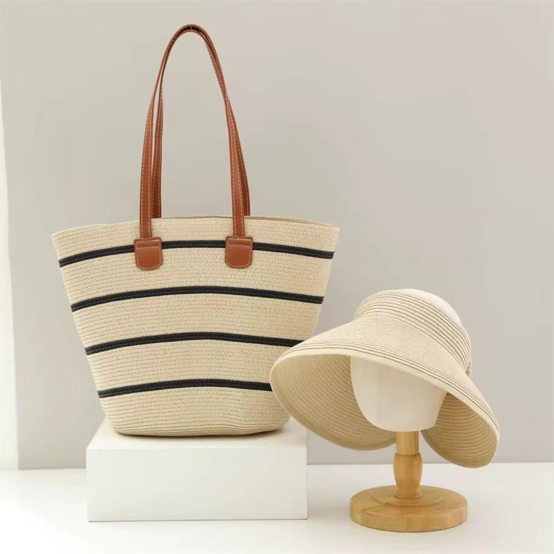 Large Capacity Straw Tote Bag for Women Fashionable Beach Handbag Large Capacity Shoulder Bags with Hat - Biege